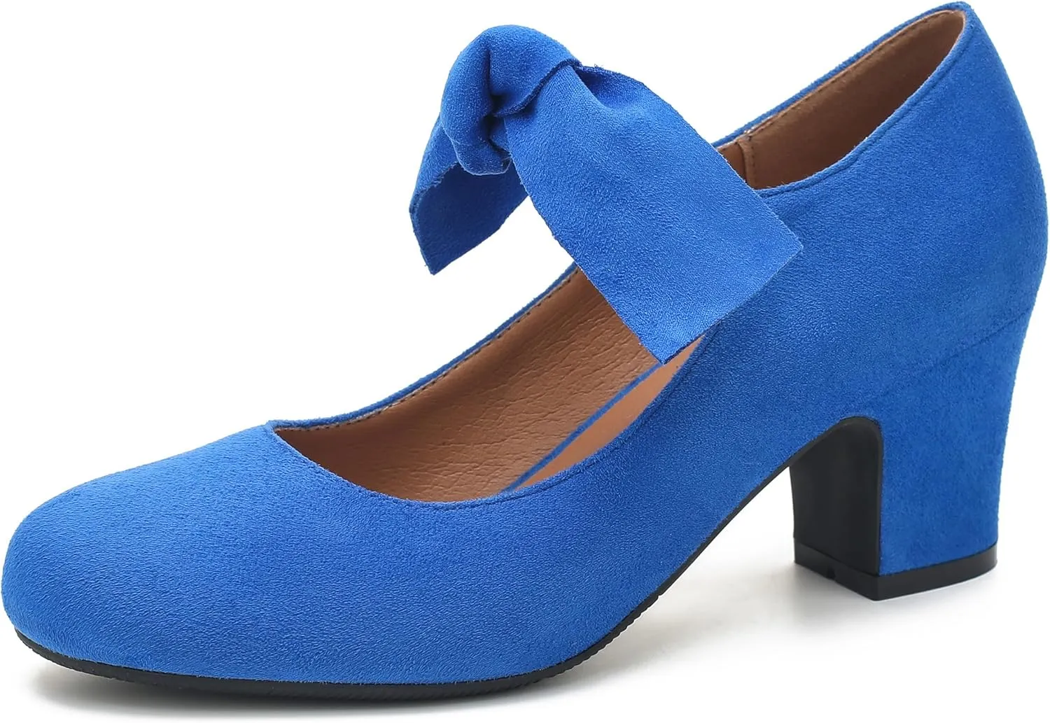 Women's Bow Mary Jane Block Heel Pumps Closed Round Toe Low Chunky Heels Ankle Strap Wedding Dress Evening Party Shoes