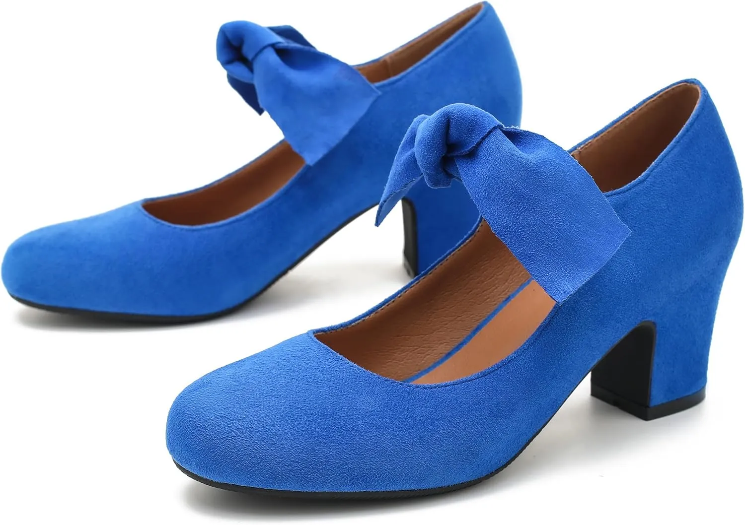 Women's Bow Mary Jane Block Heel Pumps Closed Round Toe Low Chunky Heels Ankle Strap Wedding Dress Evening Party Shoes