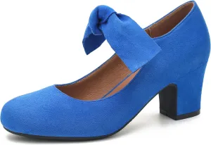 Women's Bow Mary Jane Block Heel Pumps Closed Round Toe Low Chunky Heels Ankle Strap Wedding Dress Evening Party Shoes