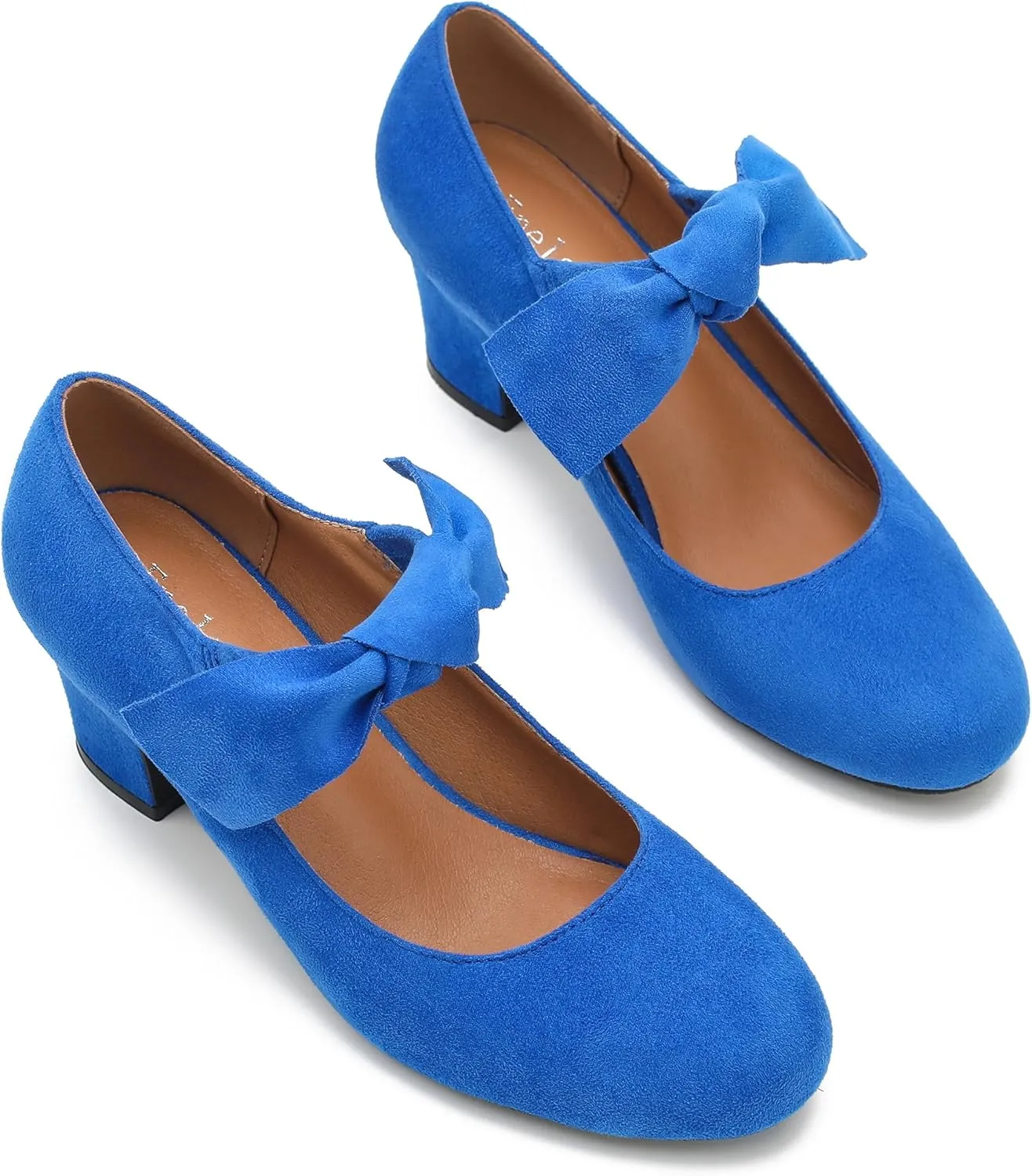 Women's Bow Mary Jane Block Heel Pumps Closed Round Toe Low Chunky Heels Ankle Strap Wedding Dress Evening Party Shoes