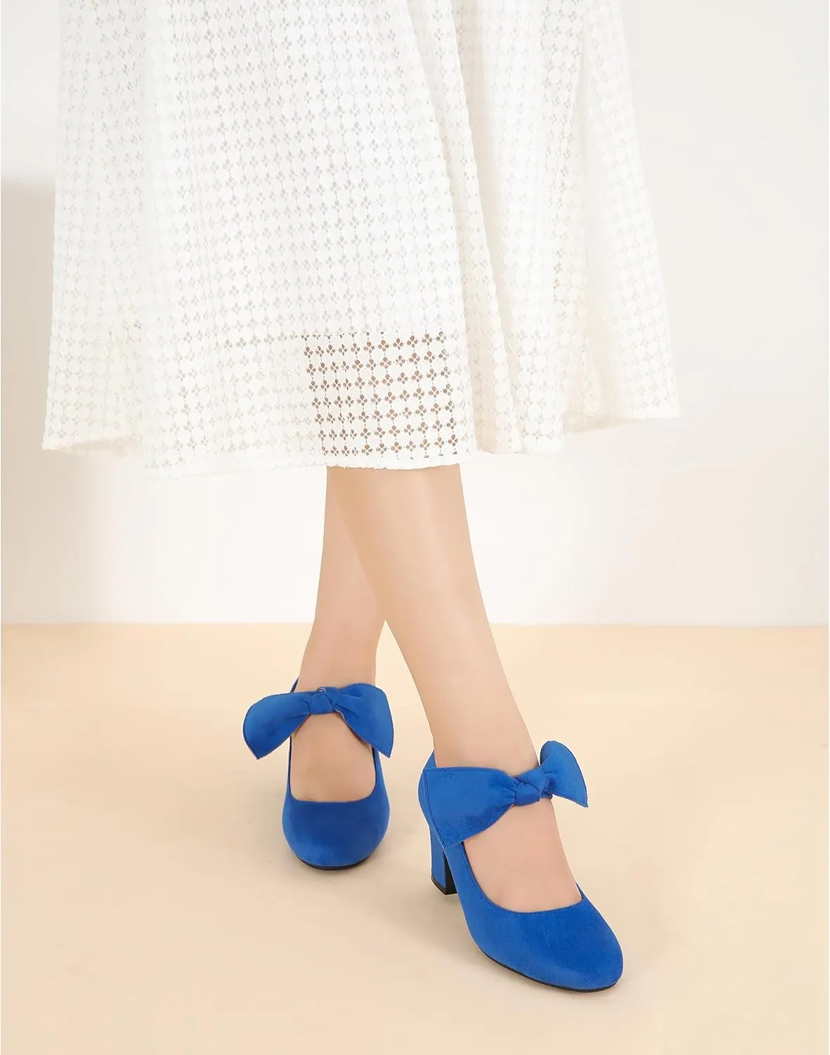 Women's Bow Mary Jane Block Heel Pumps Closed Round Toe Low Chunky Heels Ankle Strap Wedding Dress Evening Party Shoes