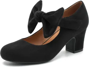Women's Bow Mary Jane Chunky Heel Pumps Ankle Strap Round Toe Dress Wedding Party Shoes