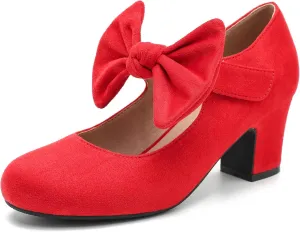Women's Bow Mary Jane Chunky Heel Pumps Ankle Strap Round Toe Dress Wedding Party Shoes
