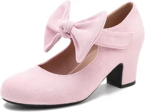 Women's Bow Mary Jane Chunky Heel Pumps Ankle Strap Round Toe Dress Wedding Party Shoes