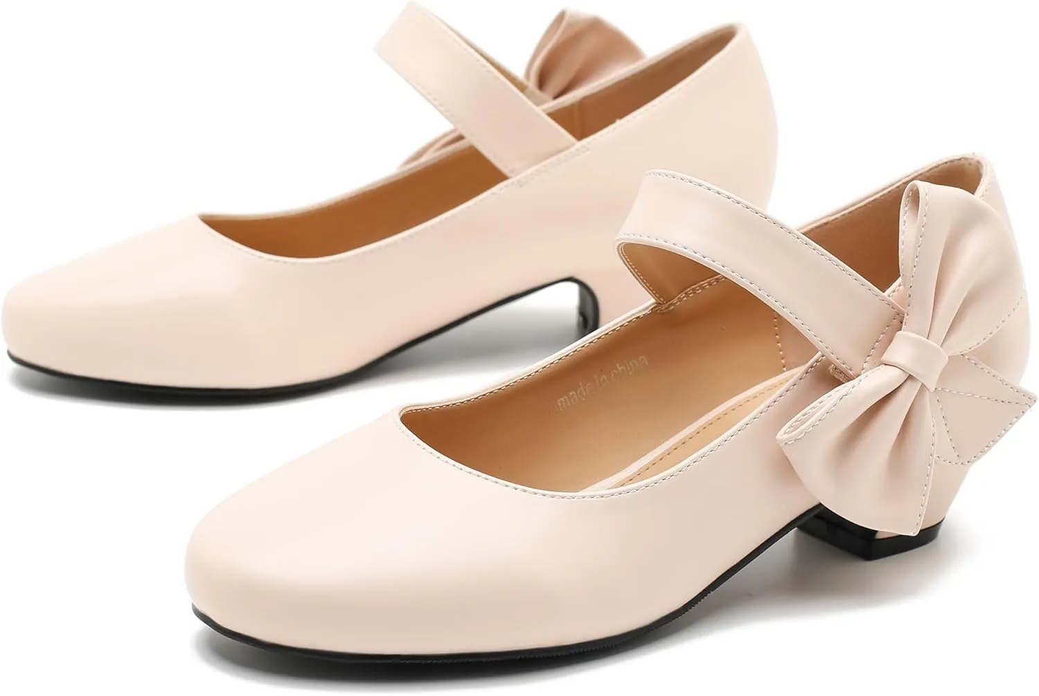 Women's Bow Mary Jane Low Chunky Heel Pumps Ankle Strap Side Bow Round Toe Dress Wedding Party Shoes