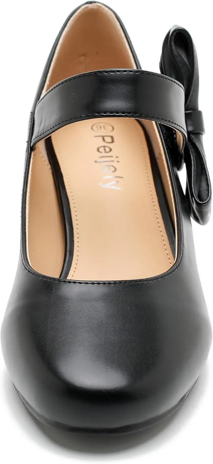 Women's Bow Mary Jane Low Chunky Heel Pumps Ankle Strap Side Bow Round Toe Dress Wedding Party Shoes