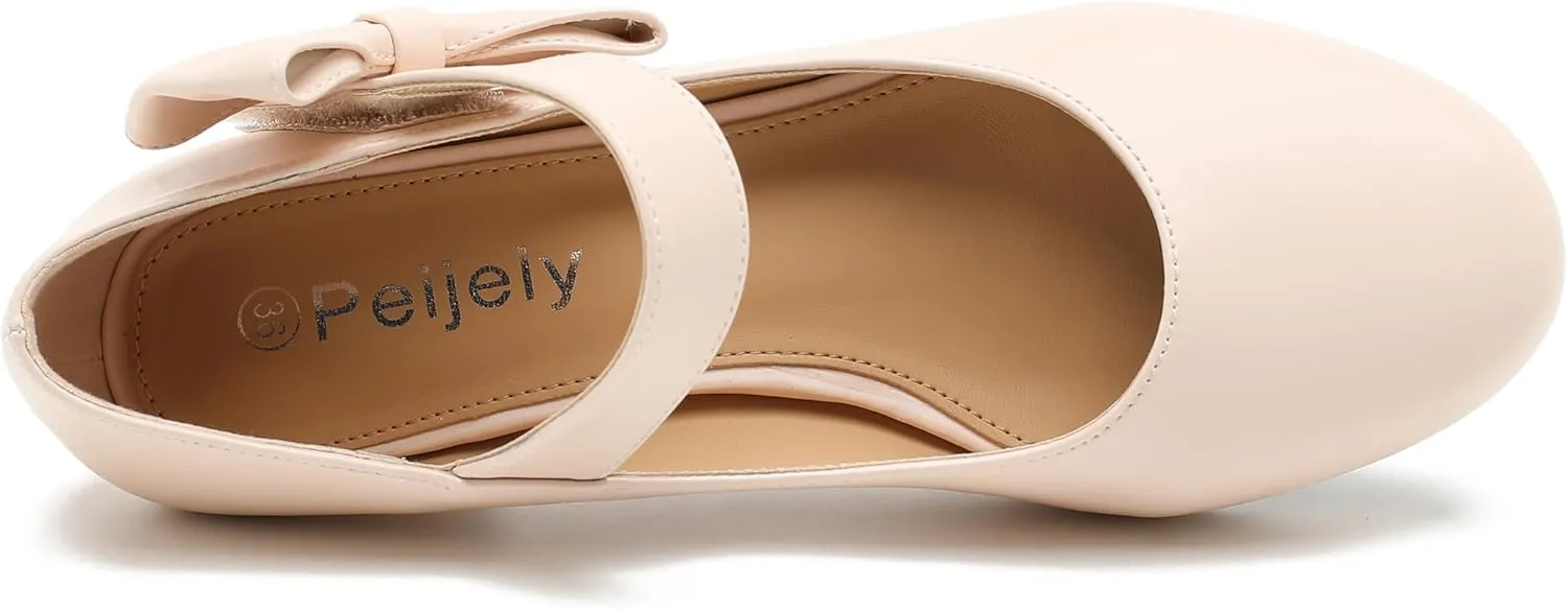 Women's Bow Mary Jane Low Chunky Heel Pumps Ankle Strap Side Bow Round Toe Dress Wedding Party Shoes