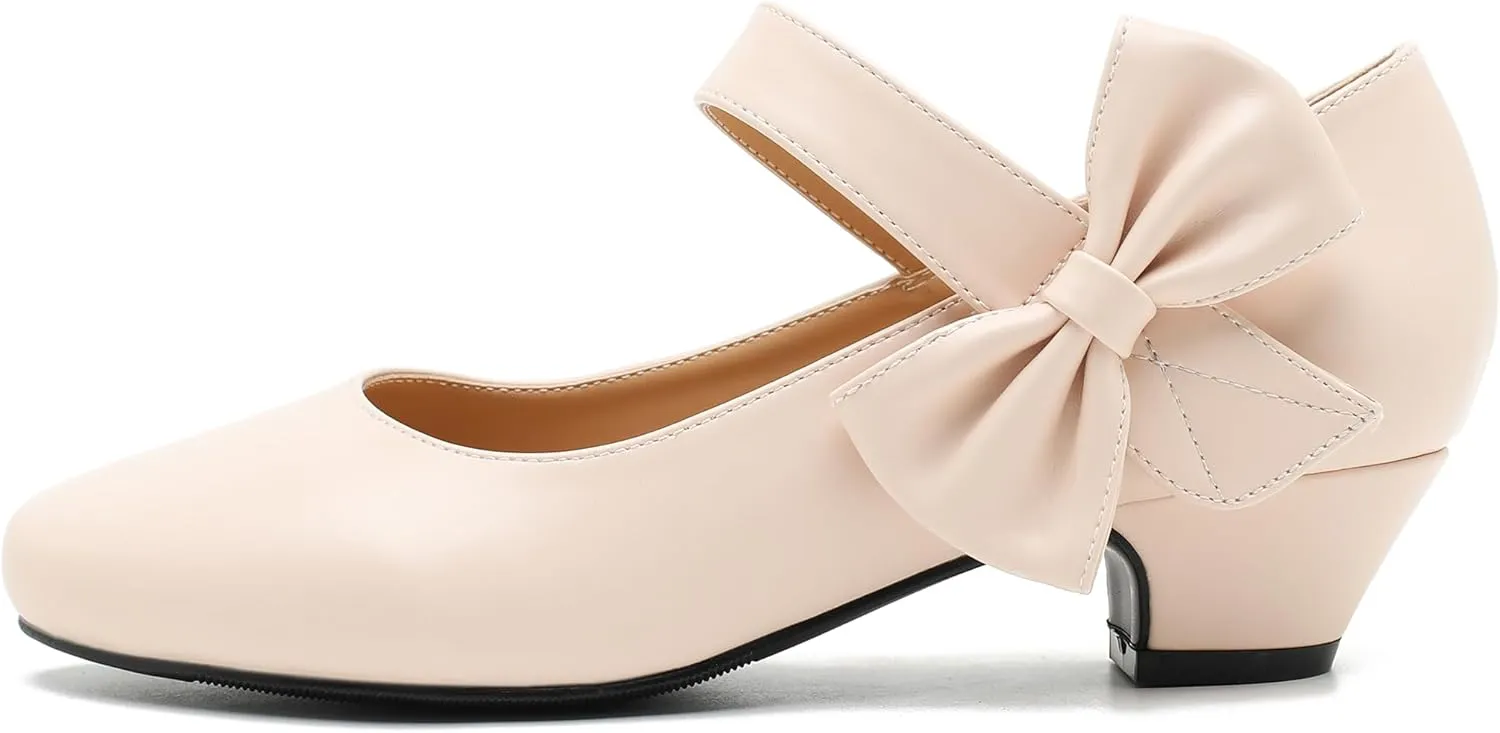 Women's Bow Mary Jane Low Chunky Heel Pumps Ankle Strap Side Bow Round Toe Dress Wedding Party Shoes
