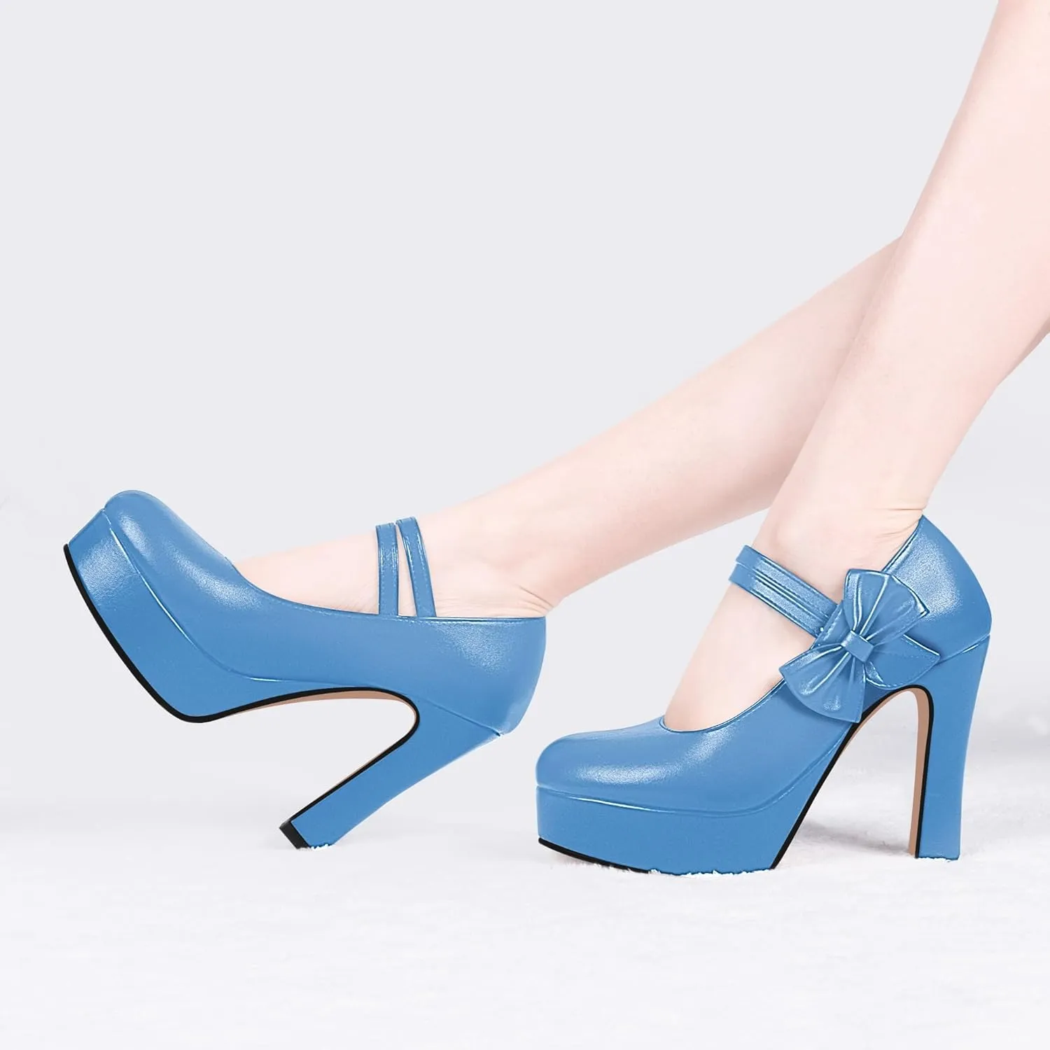 Women's Bow Plafrom High Heel Mary Janes Pumps Hook Loop Round Toe Dress Shoes