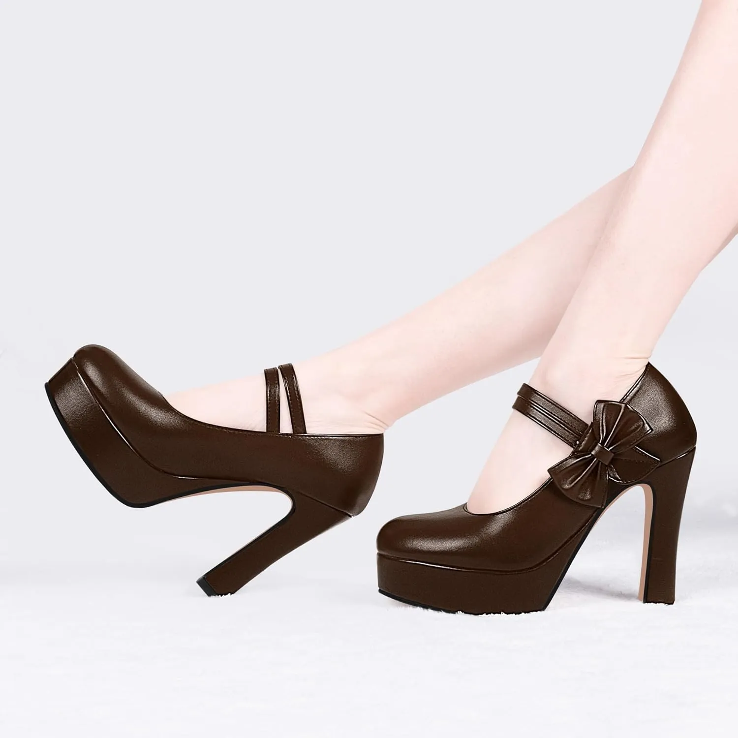 Women's Bow Plafrom High Heel Mary Janes Pumps Hook Loop Round Toe Dress Shoes
