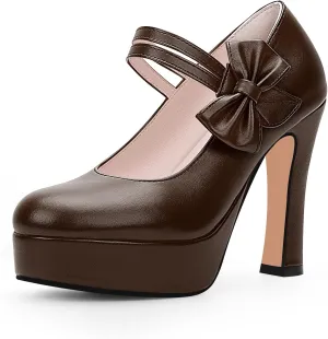 Women's Bow Plafrom High Heel Mary Janes Pumps Hook Loop Round Toe Dress Shoes