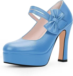 Women's Bow Plafrom High Heel Mary Janes Pumps Hook Loop Round Toe Dress Shoes