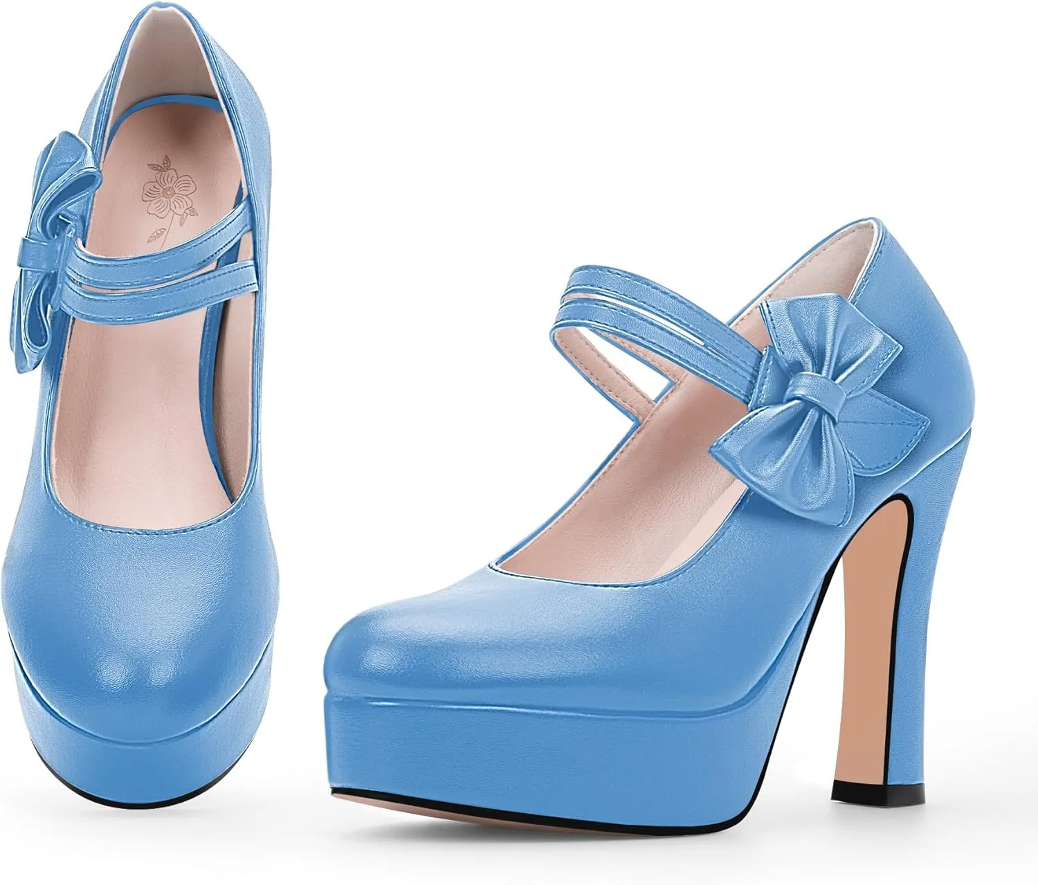 Women's Bow Plafrom High Heel Mary Janes Pumps Hook Loop Round Toe Dress Shoes