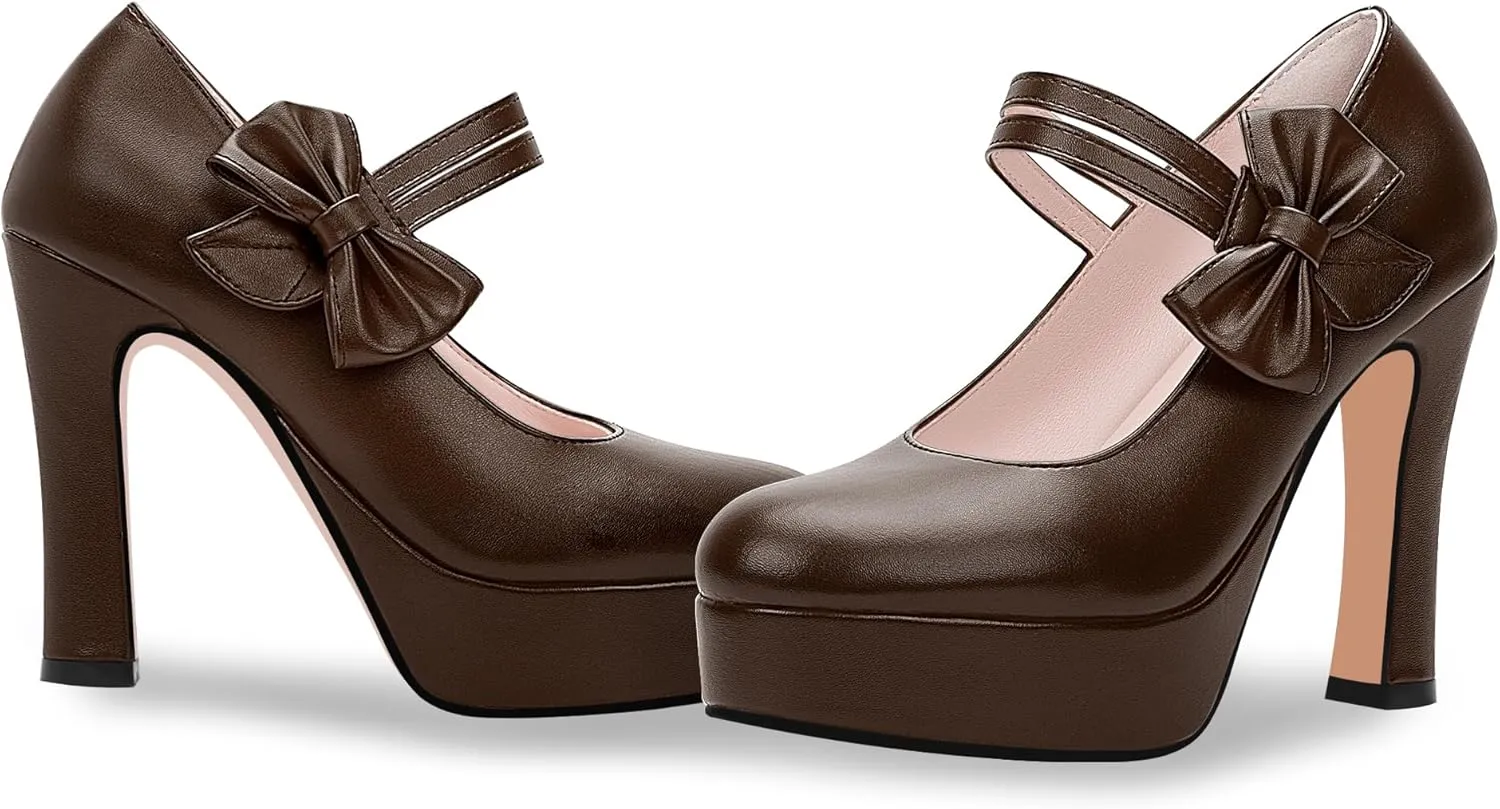 Women's Bow Plafrom High Heel Mary Janes Pumps Hook Loop Round Toe Dress Shoes