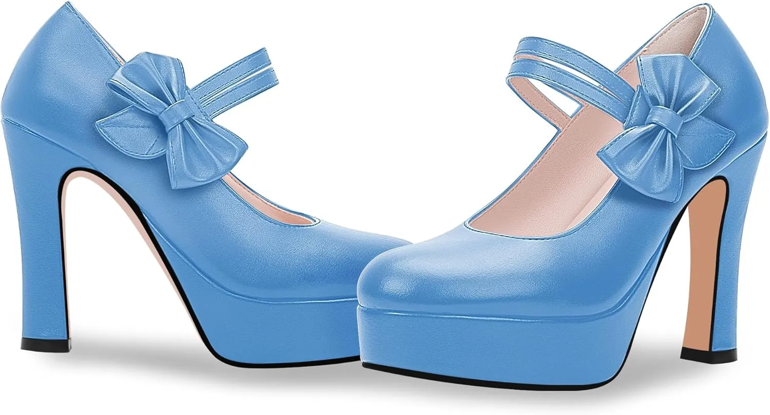 Women's Bow Plafrom High Heel Mary Janes Pumps Hook Loop Round Toe Dress Shoes