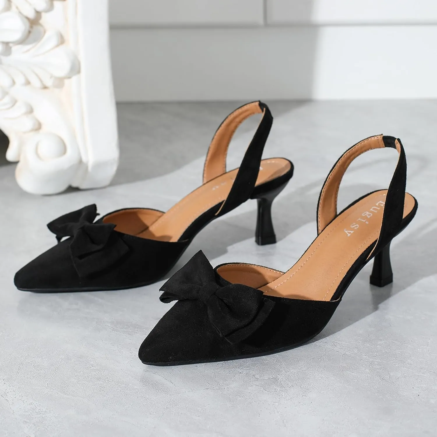 Women's Bow Slingback Heels Kitten Pumps Slip On Closed Pinted Toe Low Heels D'Orsay Comfortable Elegant Dress Wedding Party Shoes