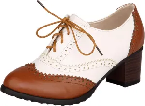 Womens Brogue Oxfords Chunky Block Heel Lace Up Pumps Vintage Dress Shoes