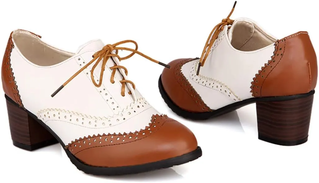 Womens Brogue Oxfords Chunky Block Heel Lace Up Pumps Vintage Dress Shoes