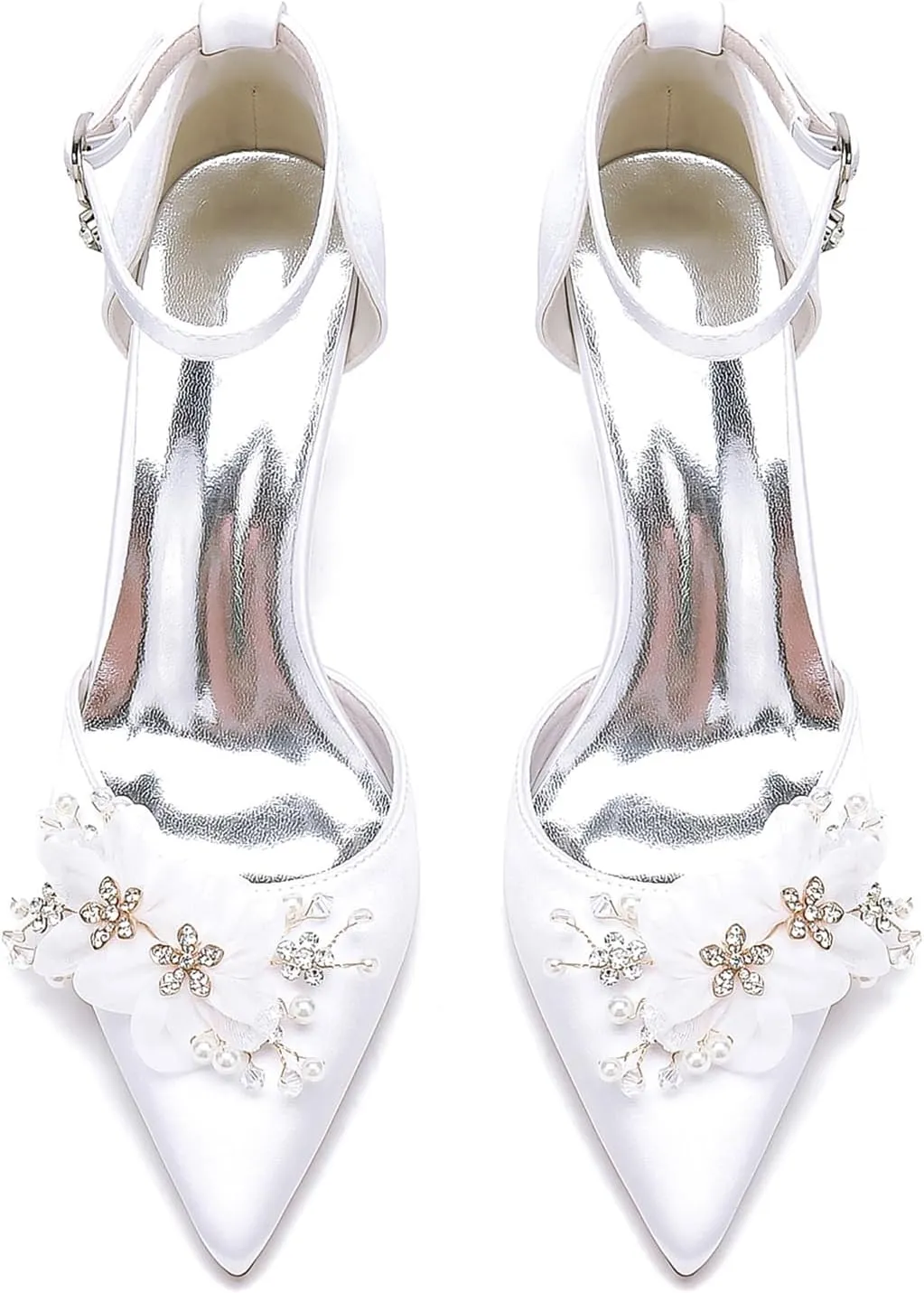 Women's Chunky Block Heel Pumps Closed Pointed Toe Satin with Embroidery Lace Flower Ankle Strap Wedding Bridal Shoes