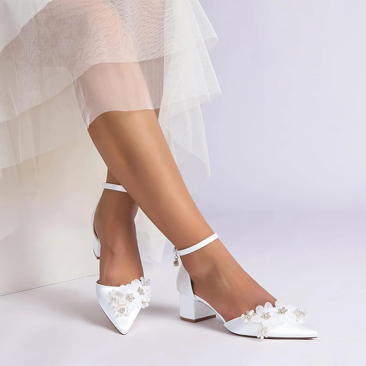 Women's Chunky Block Heel Pumps Closed Pointed Toe Satin with Embroidery Lace Flower Ankle Strap Wedding Bridal Shoes