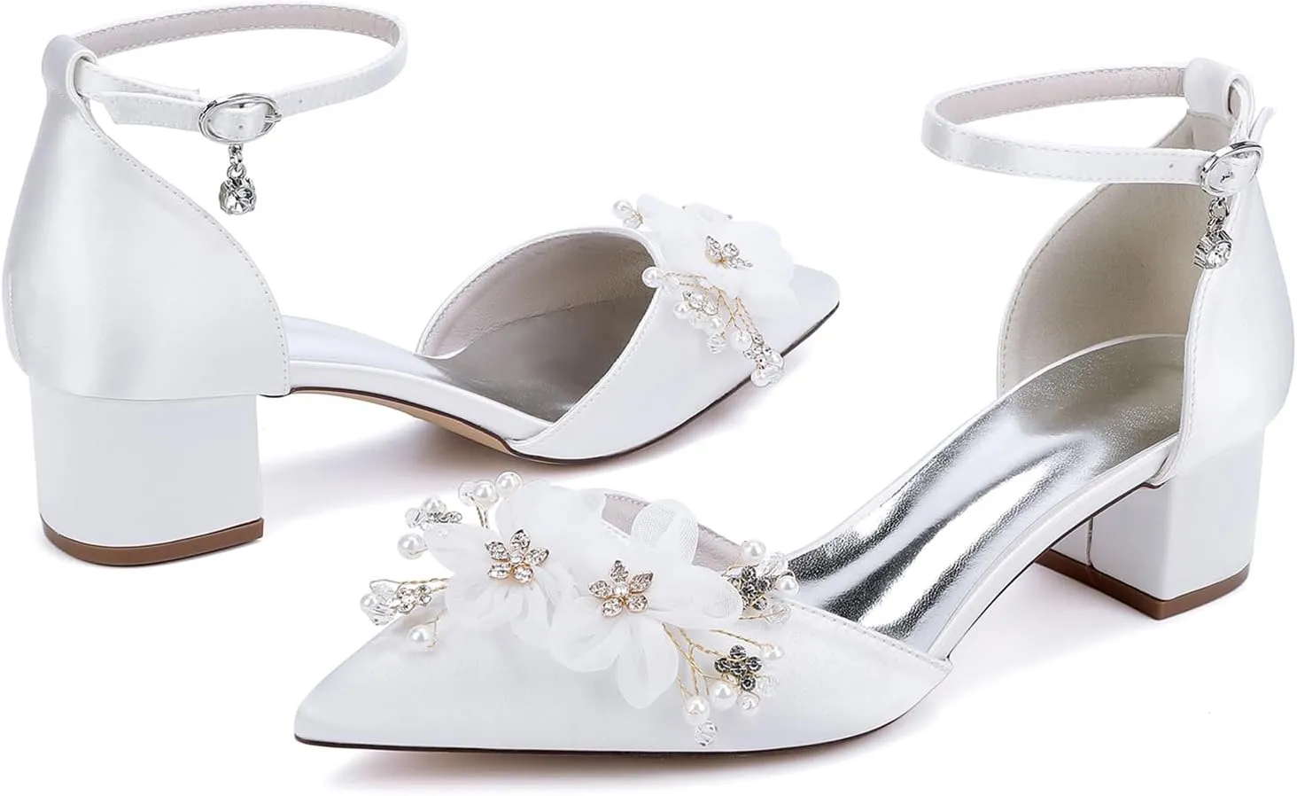 Women's Chunky Block Heel Pumps Closed Pointed Toe Satin with Embroidery Lace Flower Ankle Strap Wedding Bridal Shoes