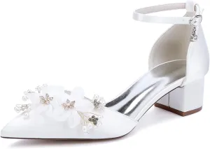 Women's Chunky Block Heel Pumps Closed Pointed Toe Satin with Embroidery Lace Flower Ankle Strap Wedding Bridal Shoes