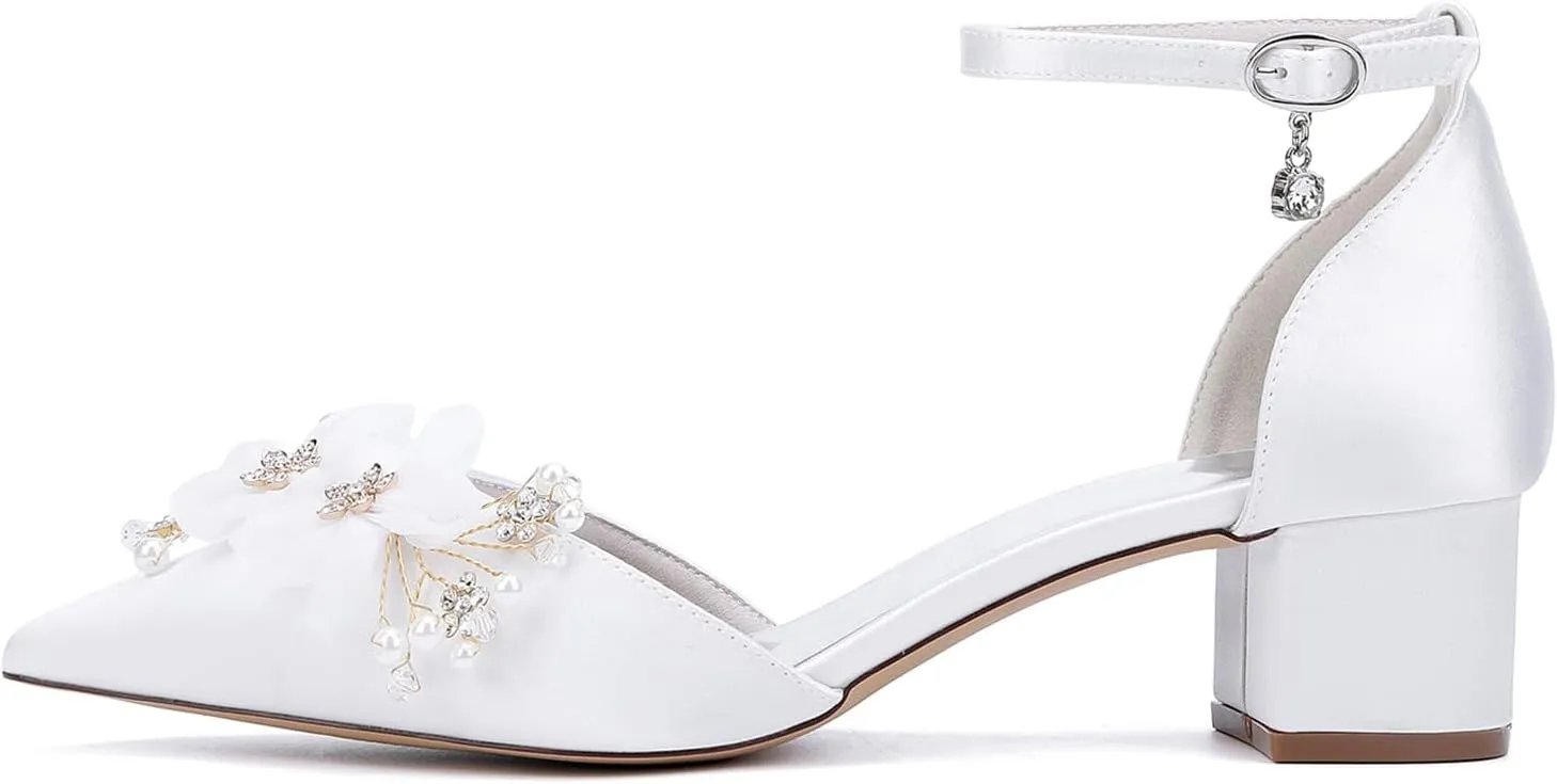 Women's Chunky Block Heel Pumps Closed Pointed Toe Satin with Embroidery Lace Flower Ankle Strap Wedding Bridal Shoes