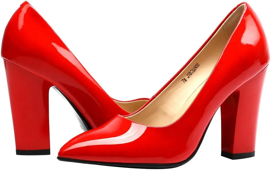 Women's Chunky Heel Closed Pointed Toe Patent Leather Dress Pumps Shoes