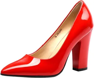 Women's Chunky Heel Closed Pointed Toe Patent Leather Dress Pumps Shoes