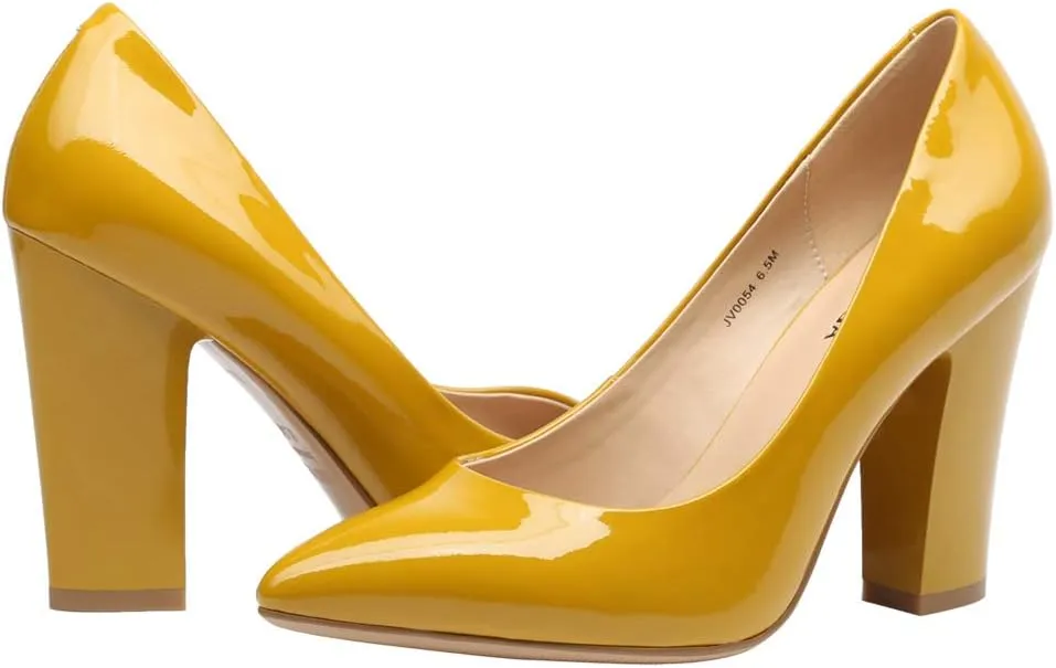 Women's Chunky Heel Closed Pointed Toe Patent Leather Dress Pumps Shoes