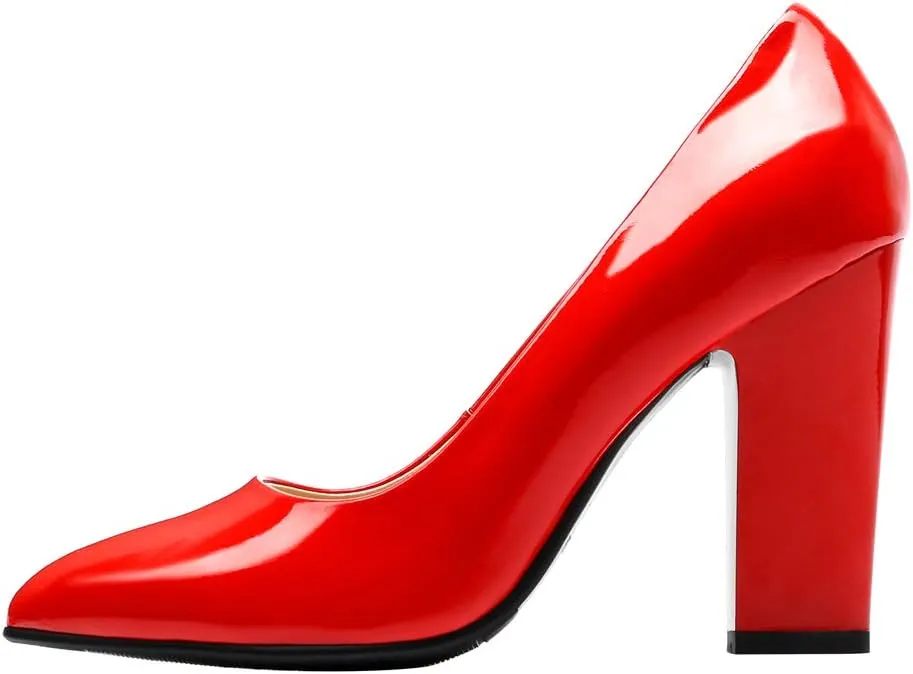 Women's Chunky Heel Closed Pointed Toe Patent Leather Dress Pumps Shoes