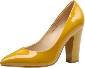 Women's Chunky Heel Closed Pointed Toe Patent Leather Dress Pumps Shoes