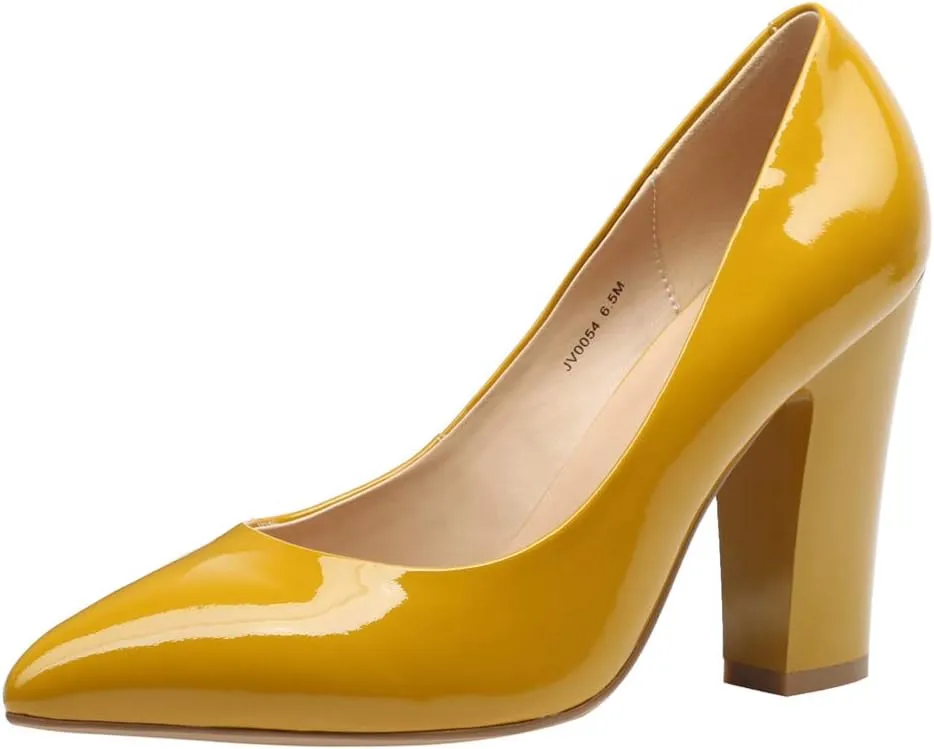Women's Chunky Heel Closed Pointed Toe Patent Leather Dress Pumps Shoes