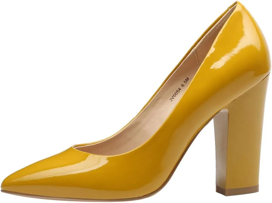 Women's Chunky Heel Closed Pointed Toe Patent Leather Dress Pumps Shoes