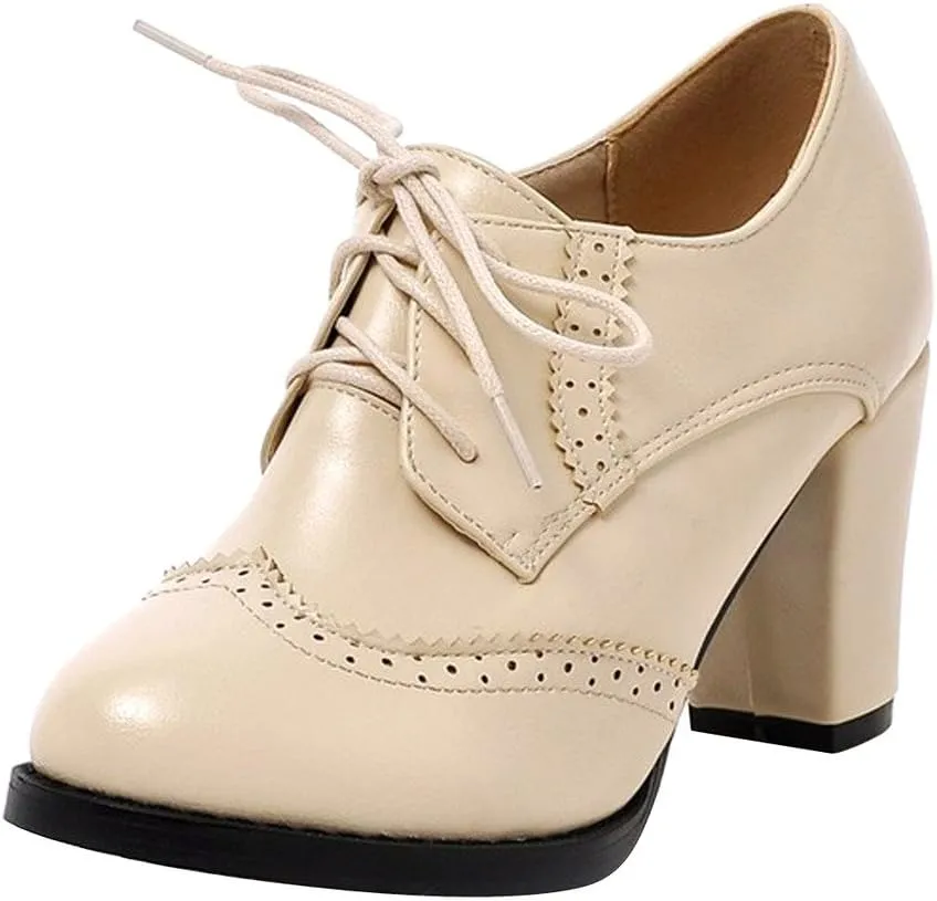 Women's Chunky Heeled Oxfords Leather Vintage Lace-up Brogue Comfortable Wingtip High Heel Pumps