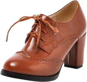 Women's Chunky Heeled Oxfords Leather Vintage Lace-up Brogue Comfortable Wingtip High Heel Pumps