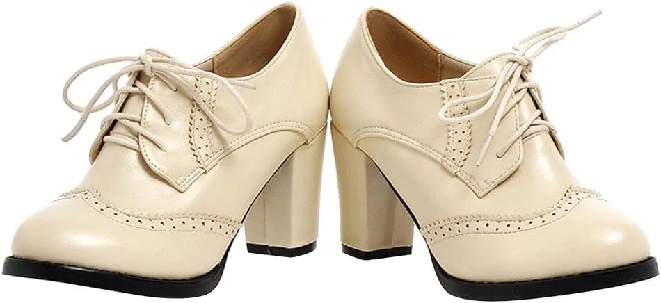 Women's Chunky Heeled Oxfords Leather Vintage Lace-up Brogue Comfortable Wingtip High Heel Pumps
