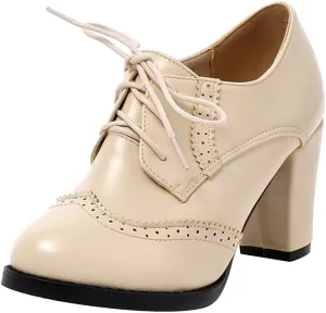 Women's Chunky Heeled Oxfords Leather Vintage Lace-up Brogue Comfortable Wingtip High Heel Pumps