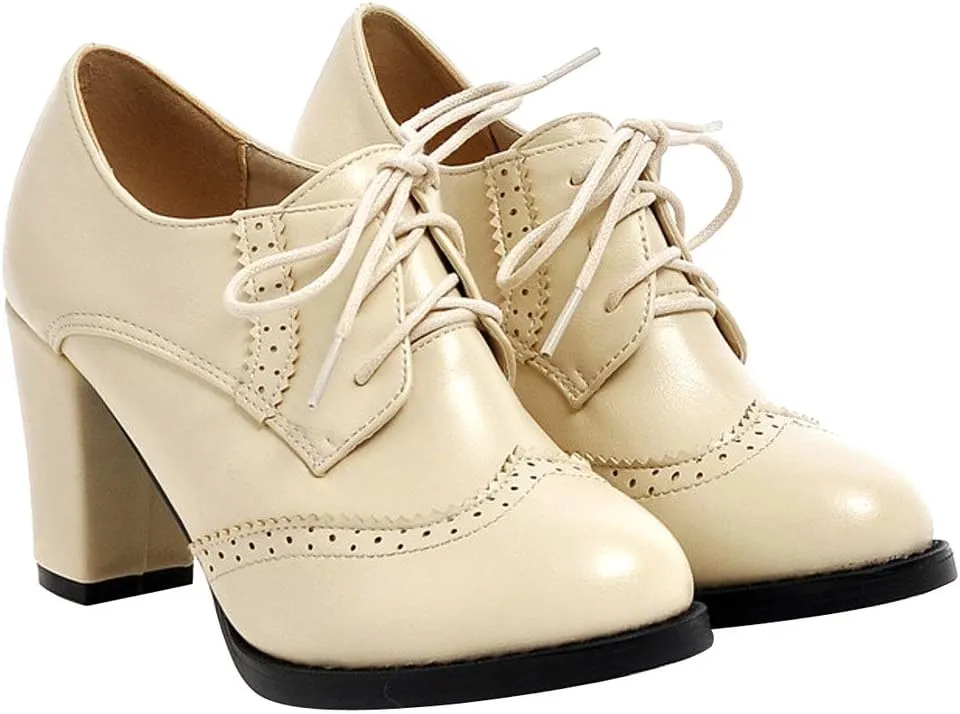 Women's Chunky Heeled Oxfords Leather Vintage Lace-up Brogue Comfortable Wingtip High Heel Pumps