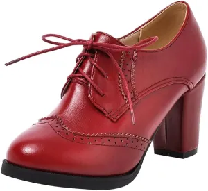 Women's Chunky Heeled Oxfords Leather Vintage Lace-up Brogue Comfortable Wingtip High Heel Pumps