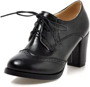 Women's Chunky Heeled Oxfords Leather Vintage Lace-up Brogue Comfortable Wingtip High Heel Pumps