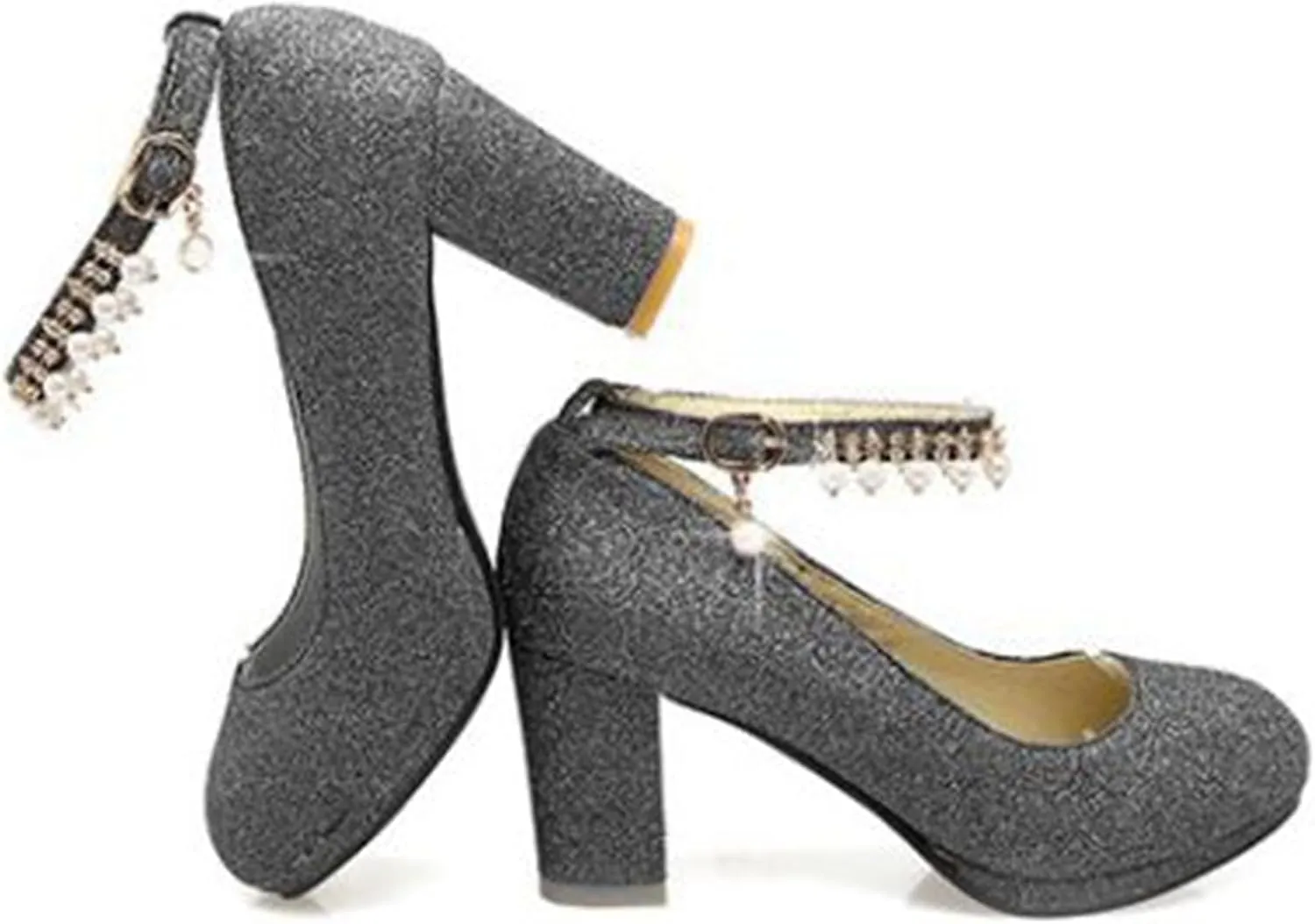 Women's Chunky High Heel Pumps Pearl Ankle Strap Round Toe Platform Glitter Sequin Bride Wedding Shoes