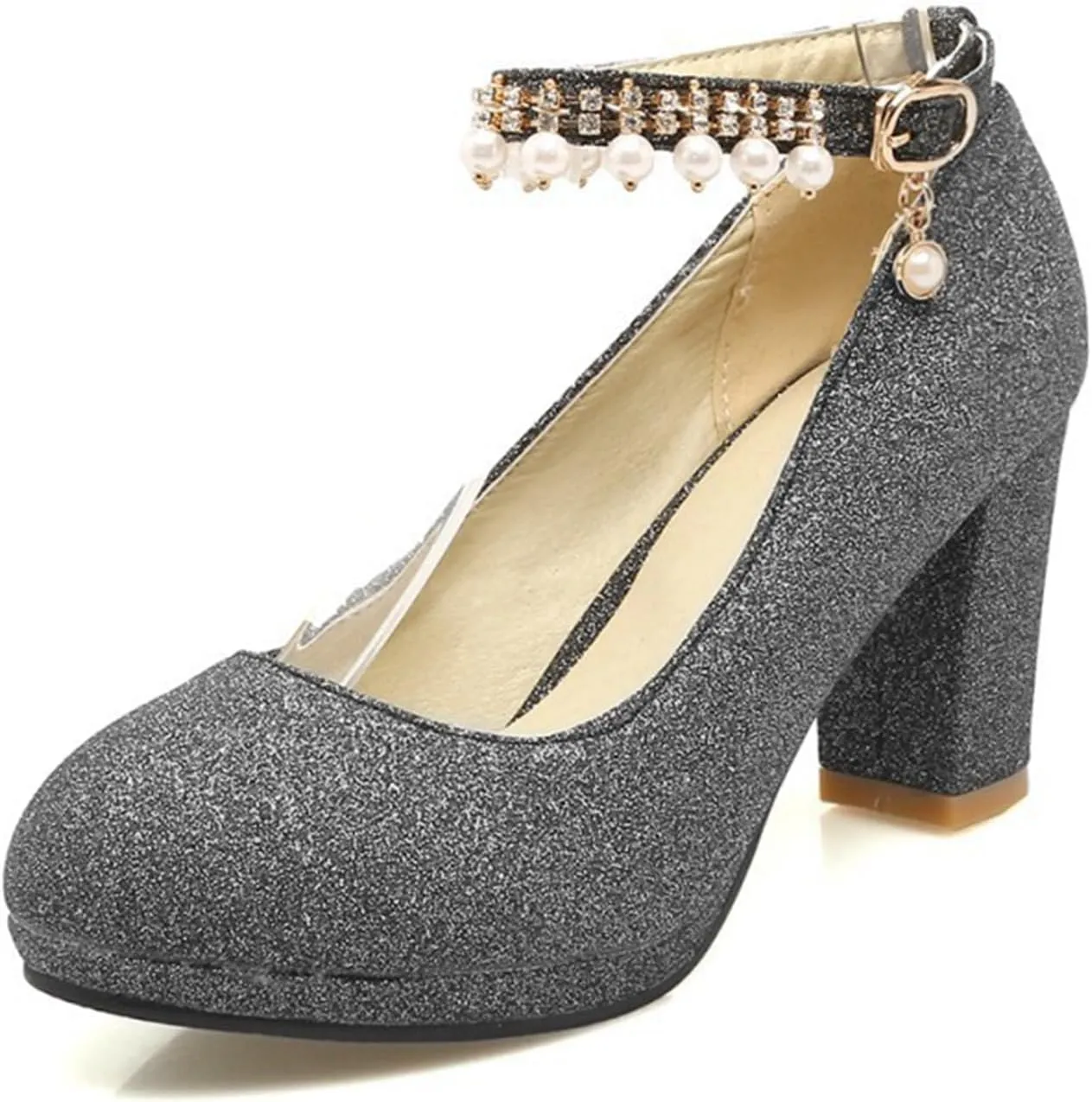 Women's Chunky High Heel Pumps Pearl Ankle Strap Round Toe Platform Glitter Sequin Bride Wedding Shoes