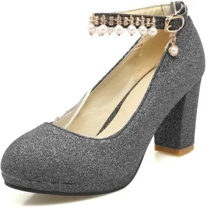 Women's Chunky High Heel Pumps Pearl Ankle Strap Round Toe Platform Glitter Sequin Bride Wedding Shoes