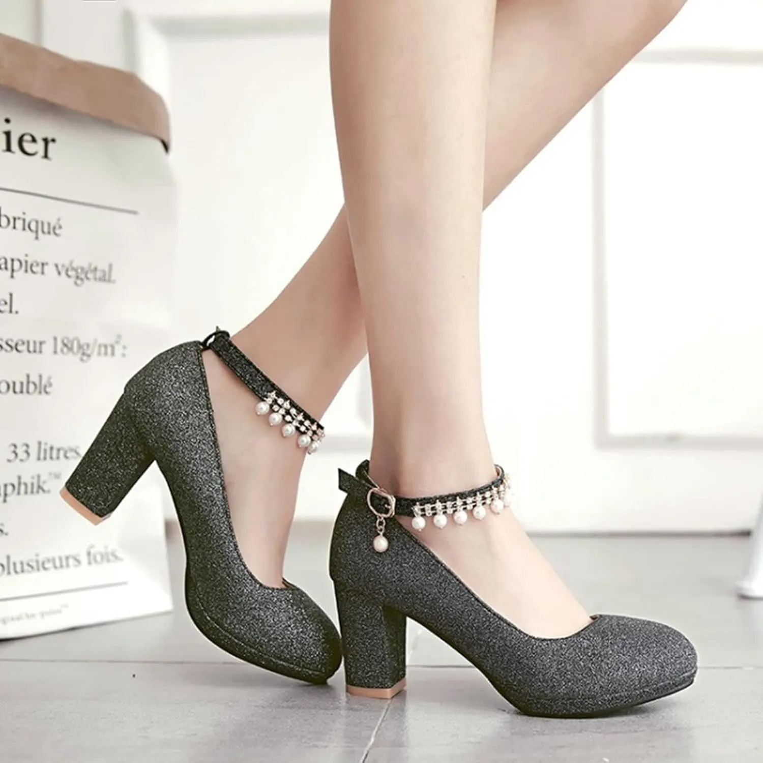Women's Chunky High Heel Pumps Pearl Ankle Strap Round Toe Platform Glitter Sequin Bride Wedding Shoes