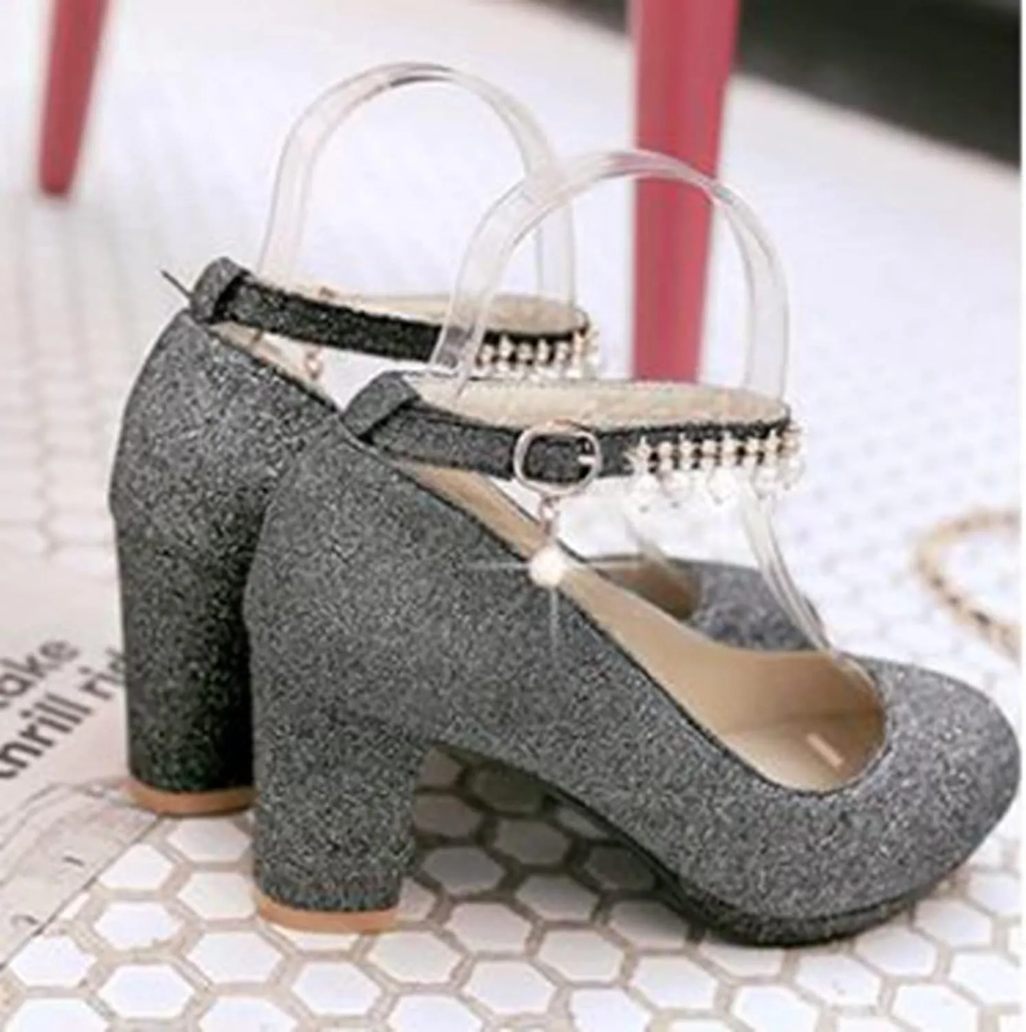 Women's Chunky High Heel Pumps Pearl Ankle Strap Round Toe Platform Glitter Sequin Bride Wedding Shoes