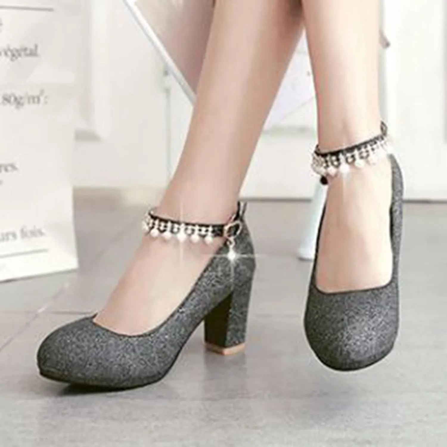 Women's Chunky High Heel Pumps Pearl Ankle Strap Round Toe Platform Glitter Sequin Bride Wedding Shoes