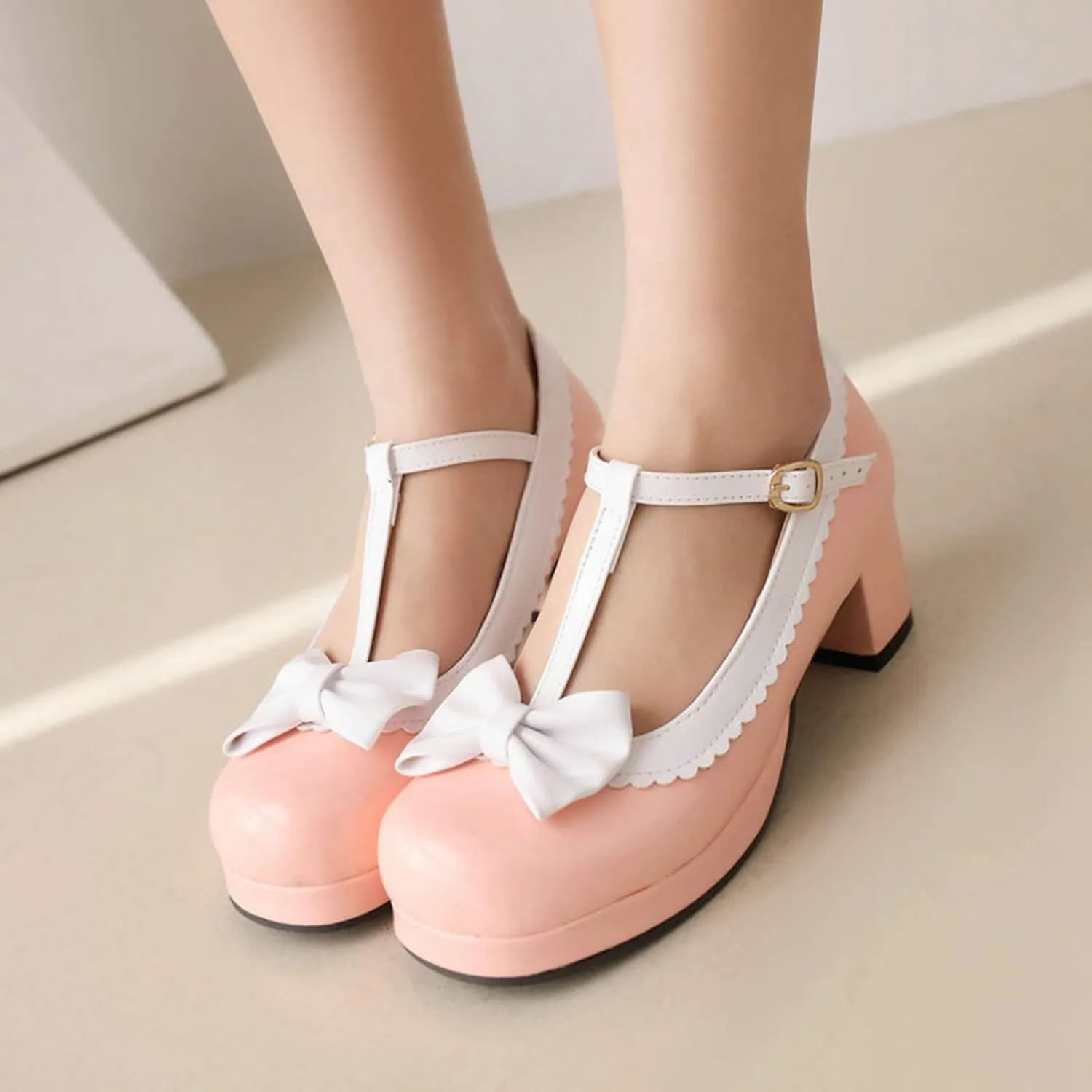 Womens Chunky Mid Heel Mary Jane Shoes Sweet Bow Round Toe Ankle T-Strap Platform Dress Oxfords Pumps