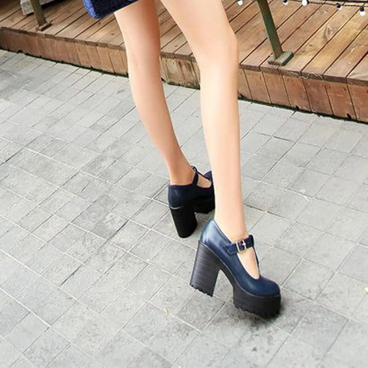 Women's Classic Platform Oxford Pumps T-Strap Chunky High Heel Fashion PU Leather Round Toe Dress Shoes