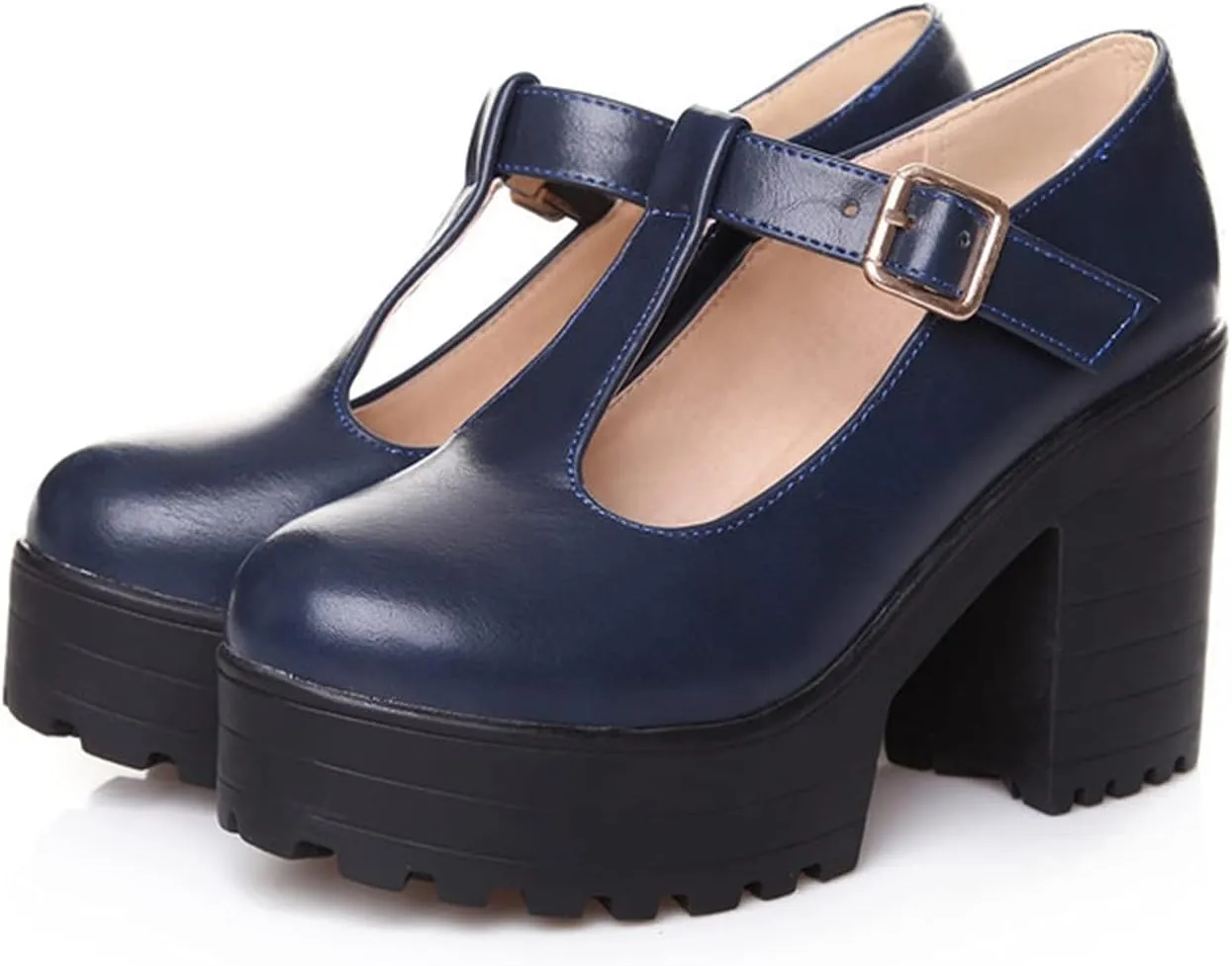 Women's Classic Platform Oxford Pumps T-Strap Chunky High Heel Fashion PU Leather Round Toe Dress Shoes